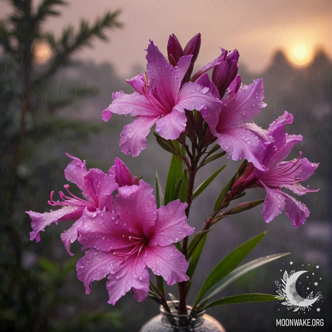 A beautiful purple oleander in a vase, enveloped in mist and rain at sunset.
