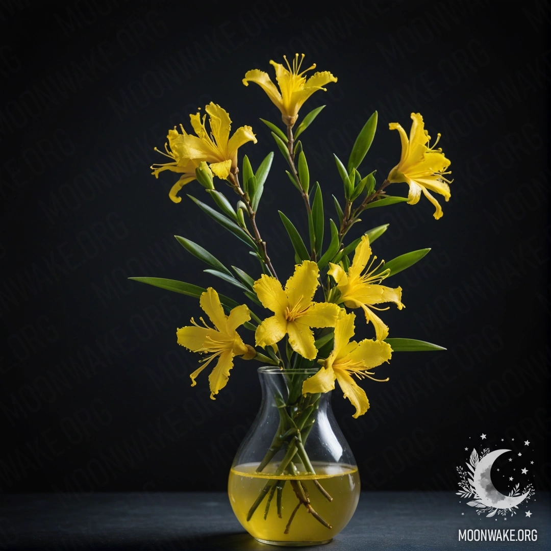 Oleander in Yellow Vase A yellow oleander in a misty vase at night surrounded by soft mist.