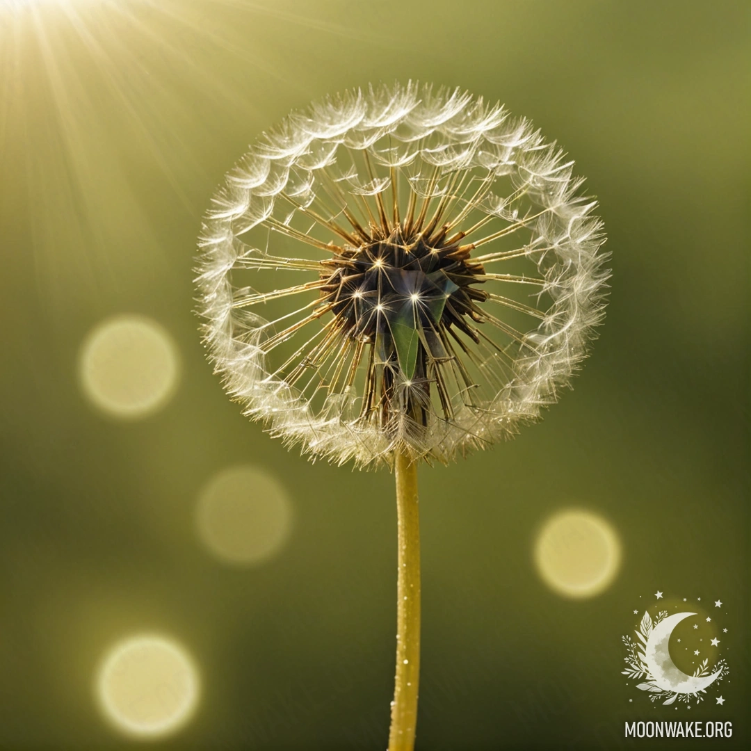 A minimalist olive-colored dandelion bathed in sunny rays with glitter.