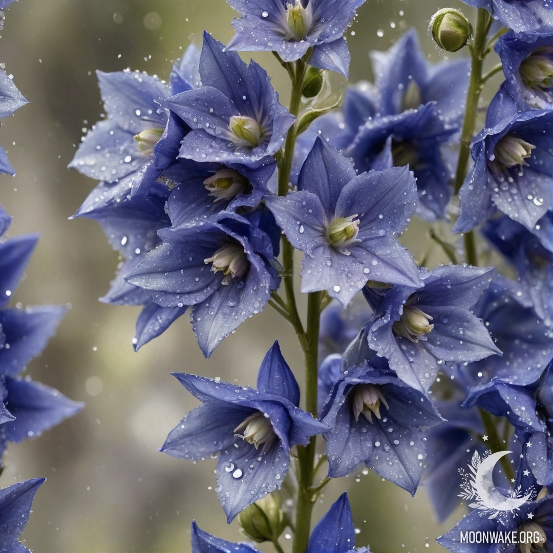 Olive Delphinium with Dew Drops An olive-colored delphinium adorned with dew drops and glimmering glitter.