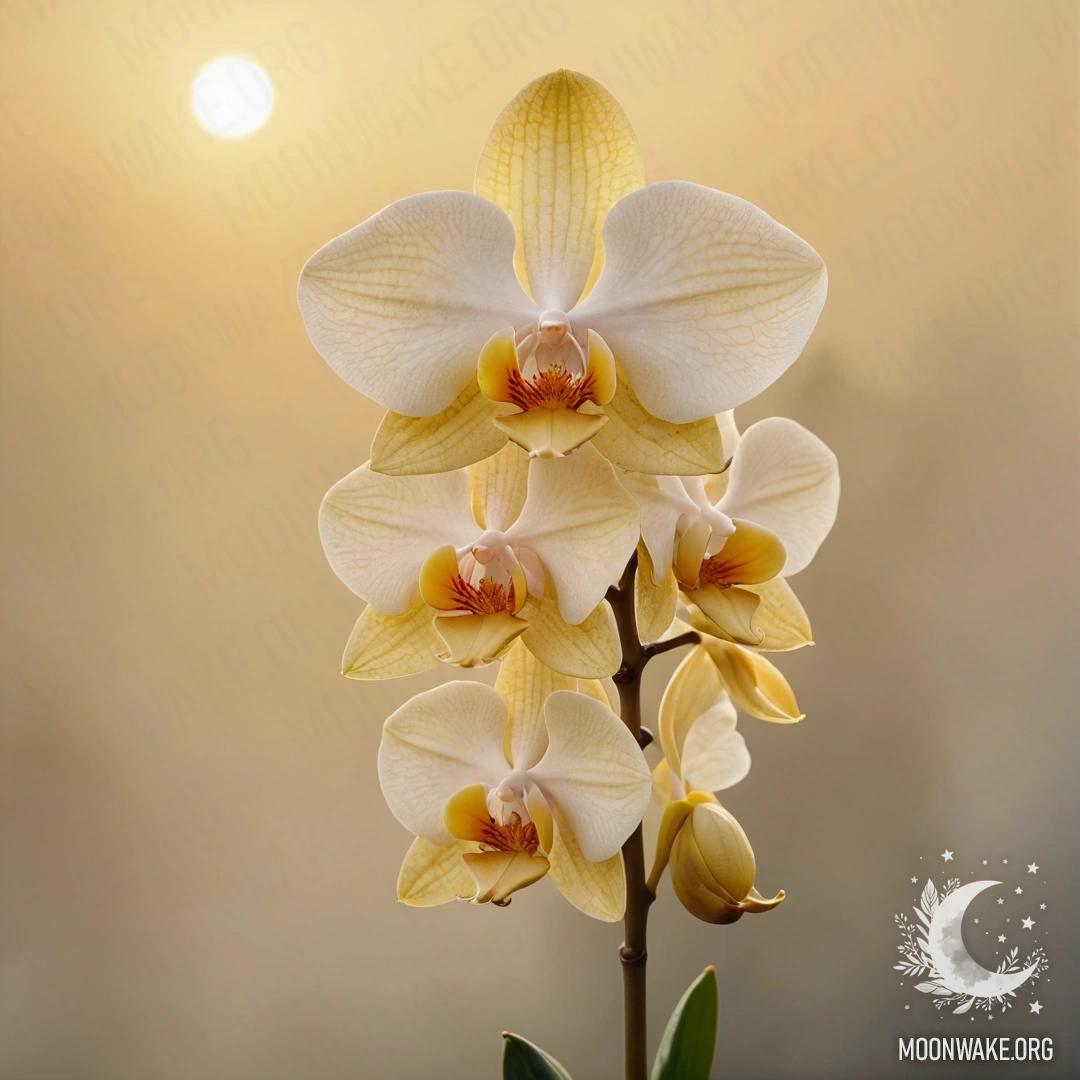 A watercolor painting of a cream yellow orchid bouquet in mist during sunset.