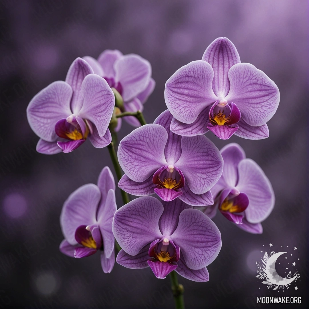 A beautiful orchid surrounded by mist during nighttime with a lavender hue.