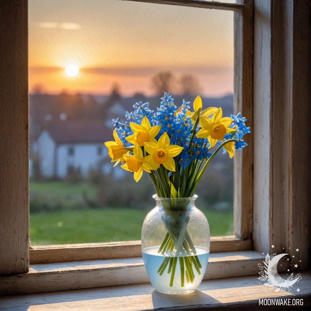 A small burlap bag hanging on a shabby wooden wall, filled with pansies in the nighttime.