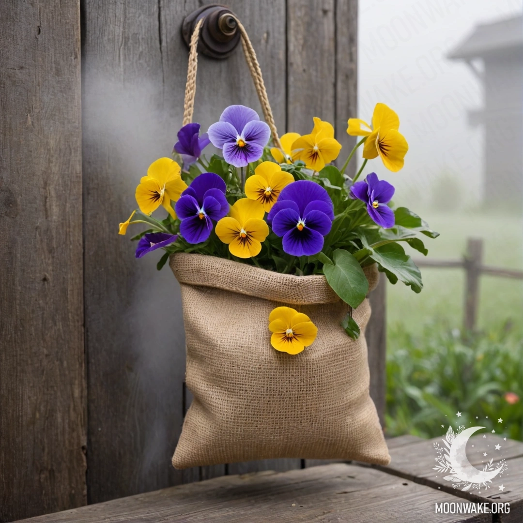 Charming Pansies in a Rustic Burlap Bag A small burlap bag filled with pansies hanging on a shabby wooden wall surrounded by dense fog.