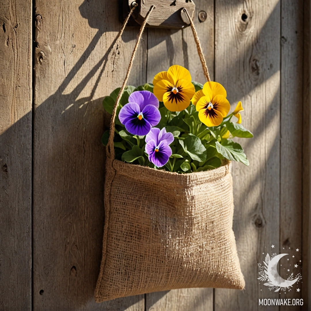 A small burlap bag hanging on a shabby wooden wall, containing pansies basking in sunlight.