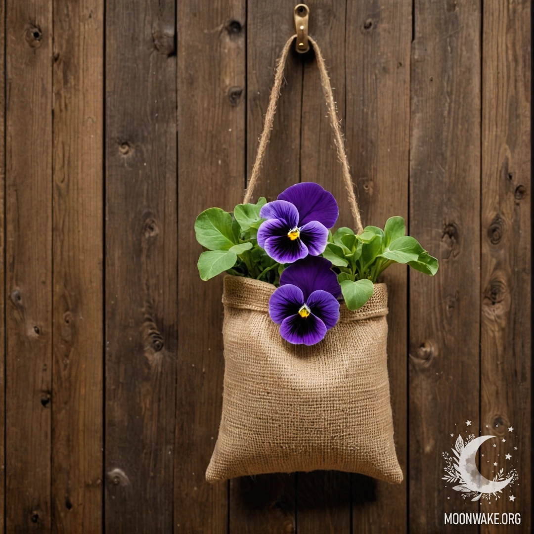 A small burlap bag filled with pansies hanging on a shabby wooden wall at night.