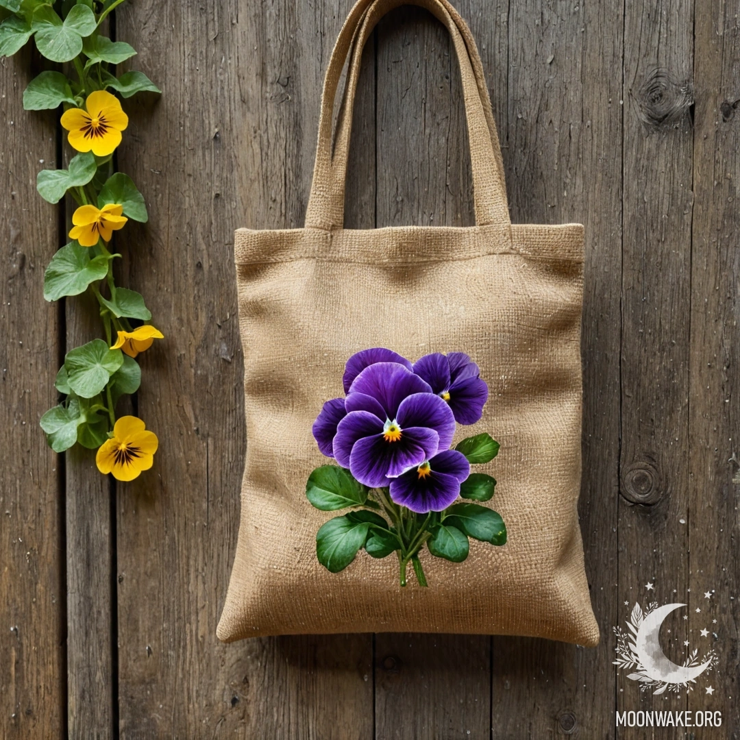 A small burlap bag containing pansies hanging on a shabby wooden wall, with rain droplets on the flowers.