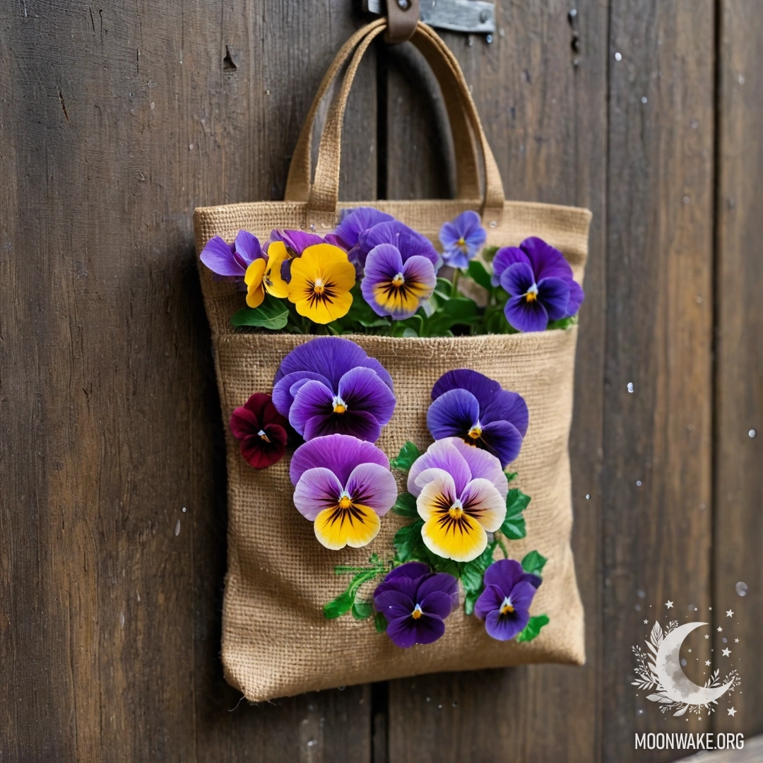 A small burlap bag containing pansies hangs on a shabby wooden wall under rain.