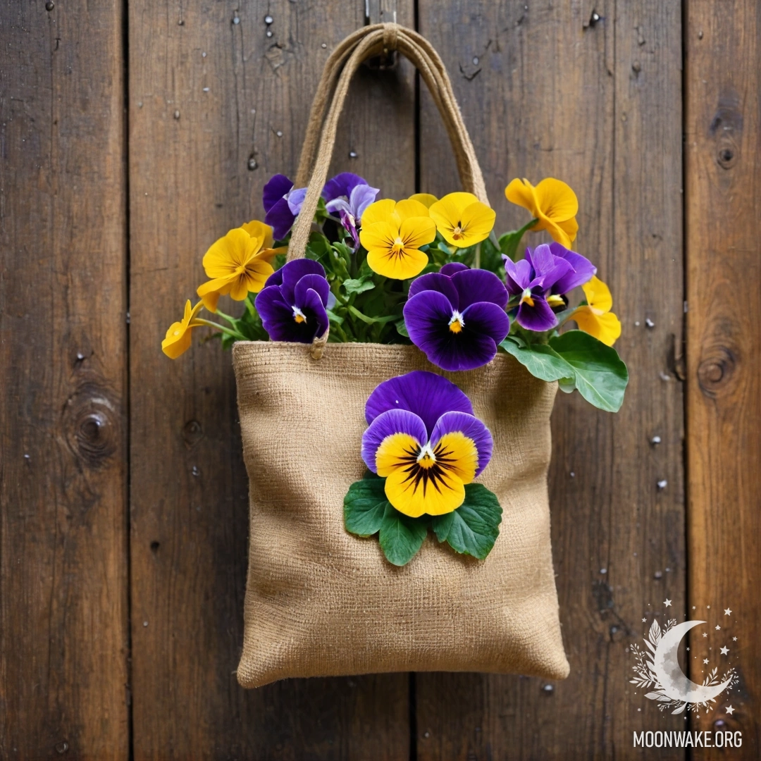 A burlap bag containing pansies hangs on a shabby wooden wall, with rain falling around.