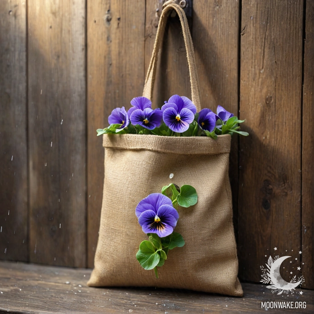 A small burlap bag filled with pansies hangs on a shabby wooden wall, with rain droplets glistening on the flowers.