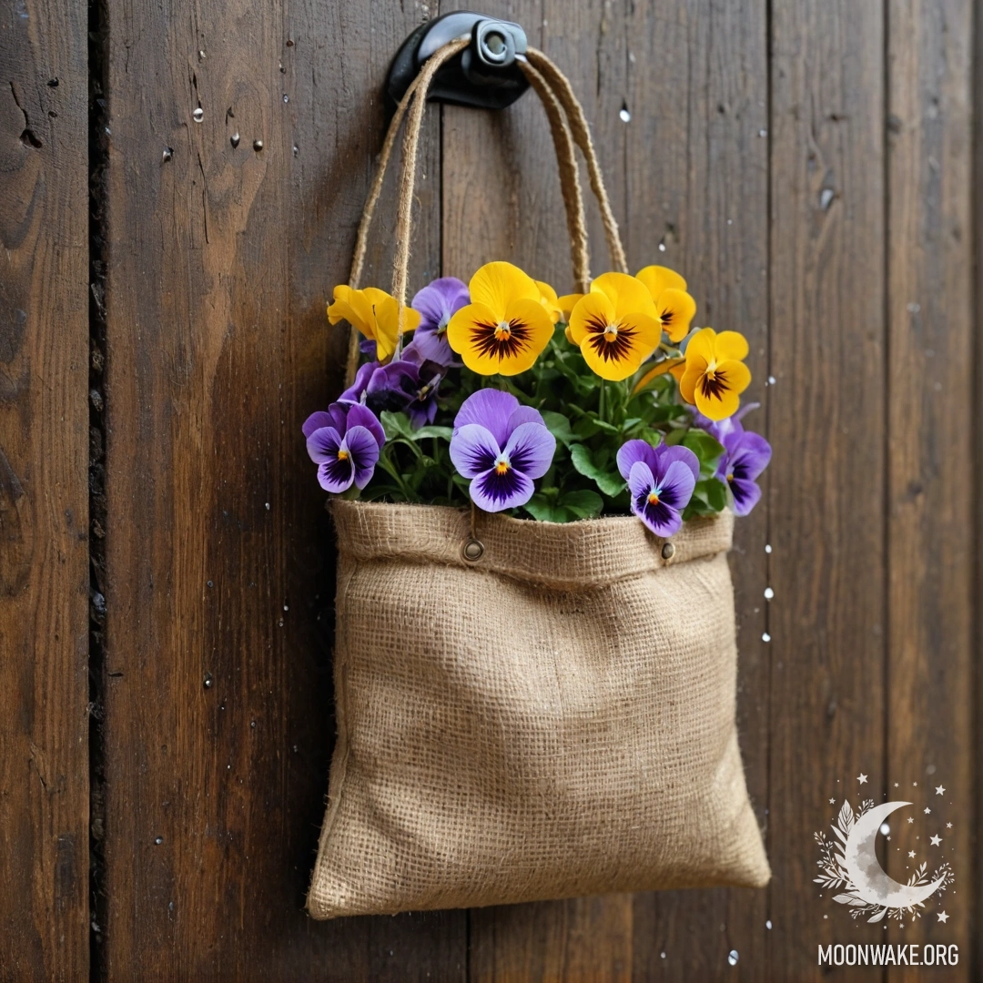 A small burlap bag hanging on a shabby wooden wall, containing pansies and raindrops.