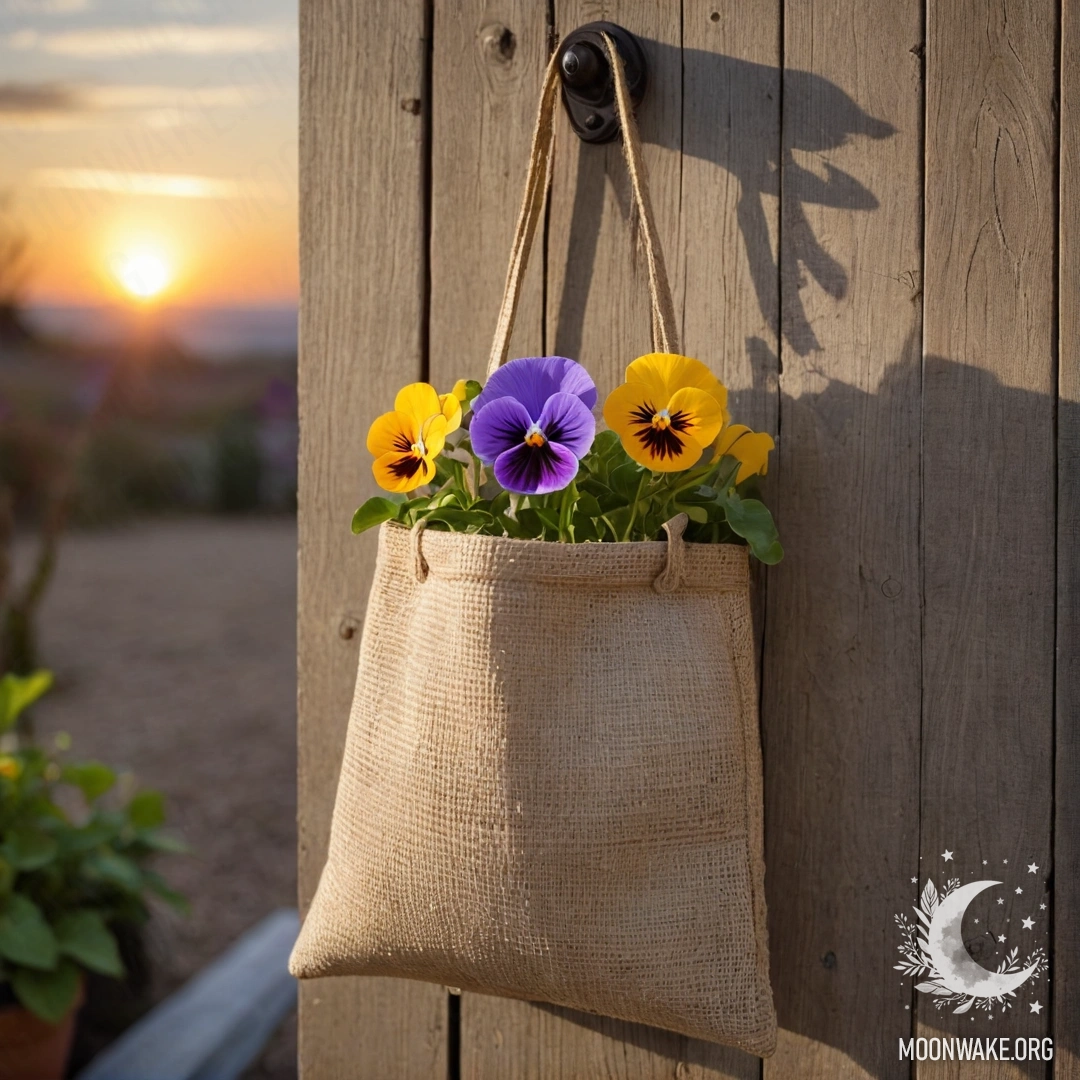 A small burlap bag containing pansies hangs on a shabby wooden wall during sunset.