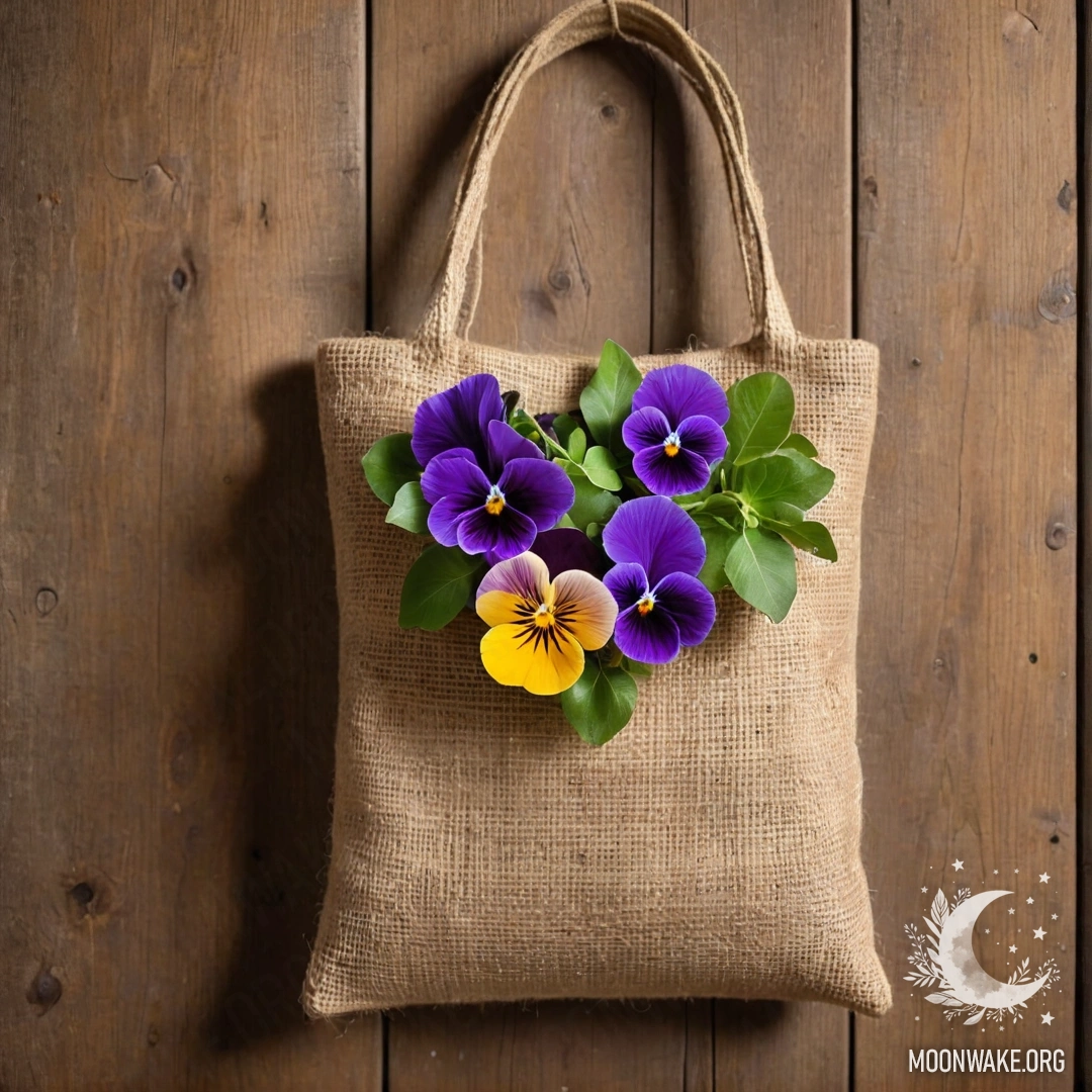 A burlap bag containing pansies hangs on a shabby wooden wall.