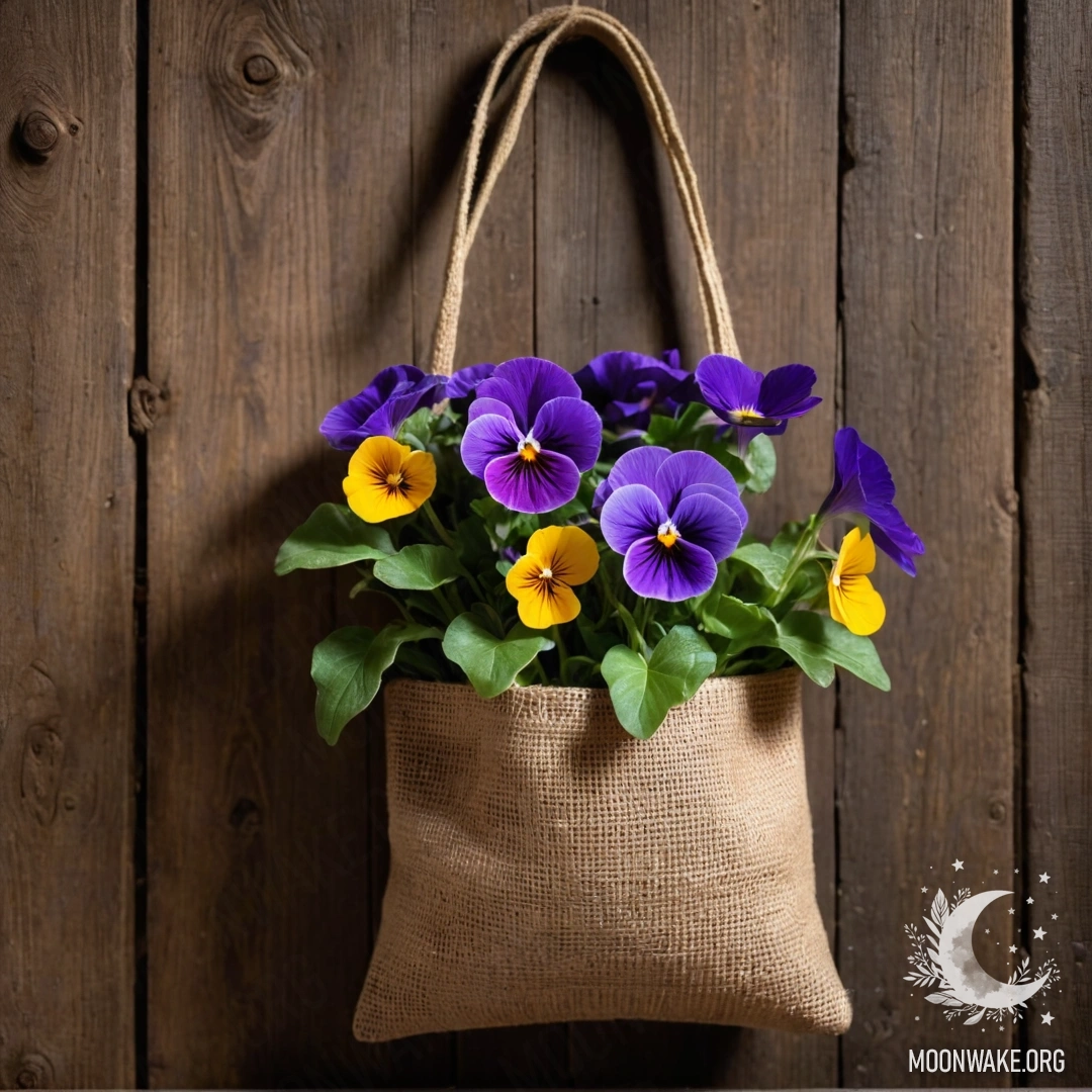 Pansies in a Burlap Bag on a Wooden Wall A small burlap bag hanging on a shabby wooden wall, filled with pansies at night.