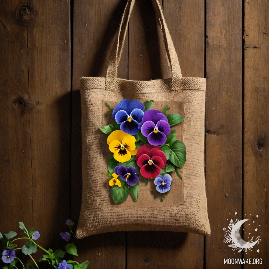 A small burlap bag with pansies hanging on a shabby wooden wall at night.