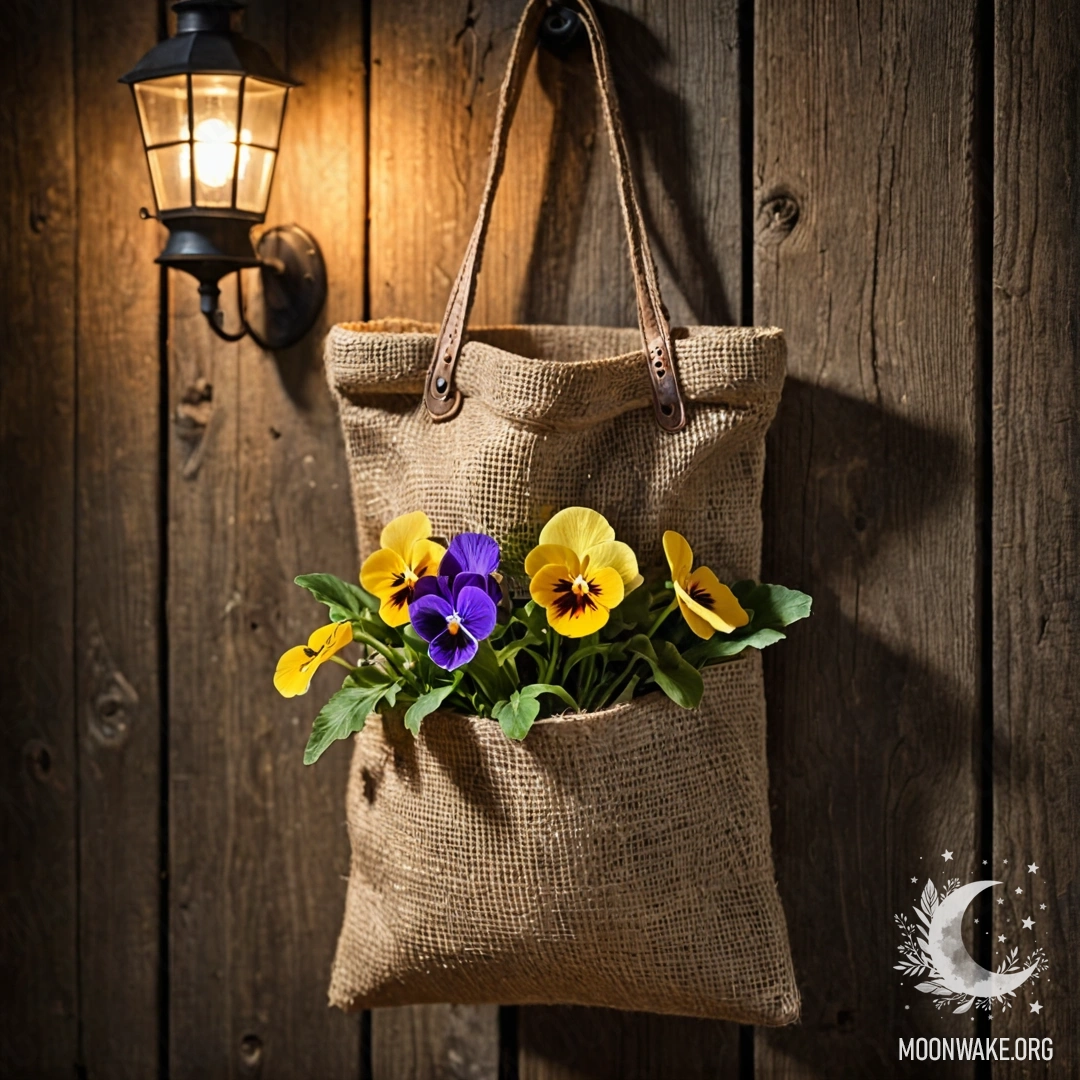 A small burlap bag filled with pansies hangs on a shabby wooden wall at night.
