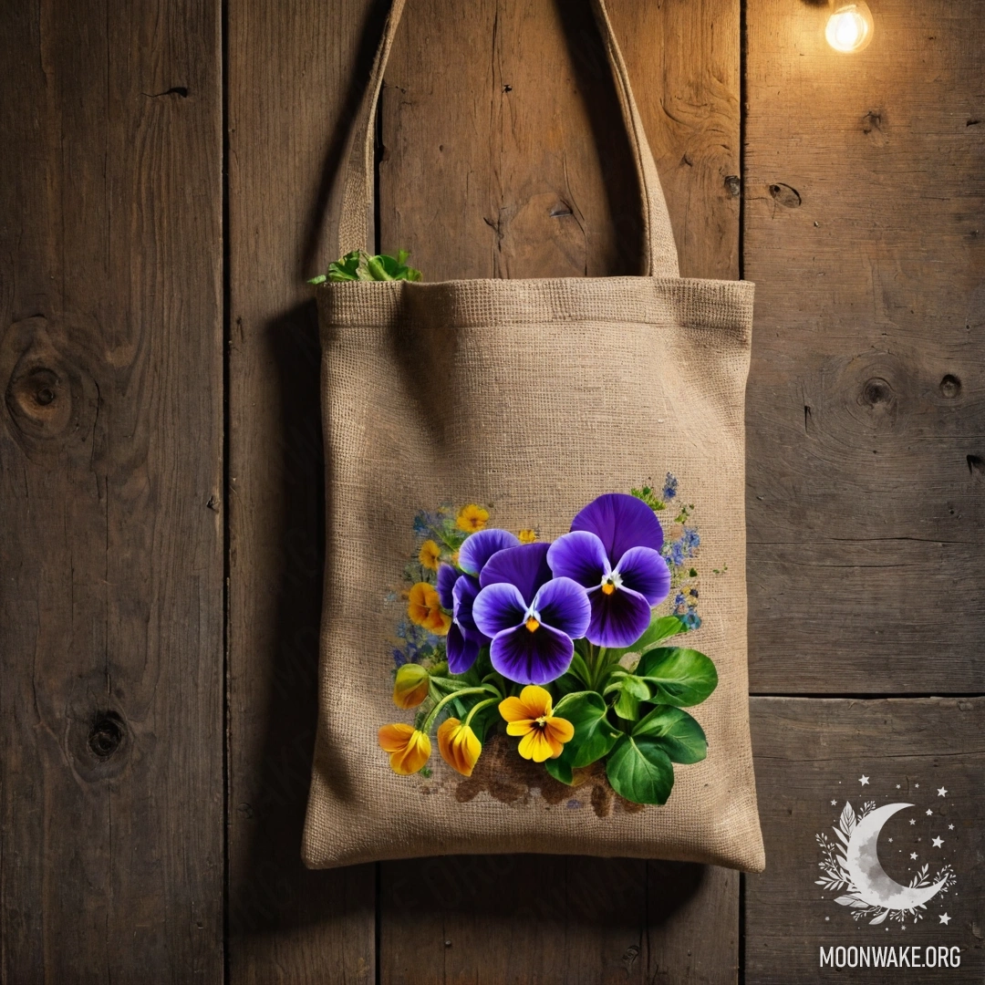 A small burlap bag with pansies hanging on a shabby wooden wall at night.