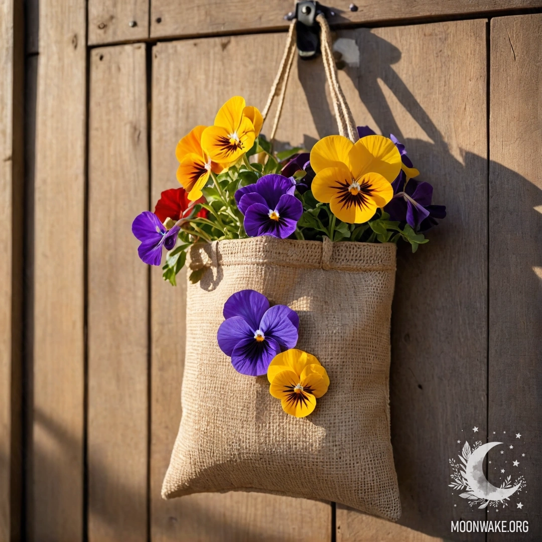A small burlap bag hanging on a shabby wooden wall with pansies inside during sunset.