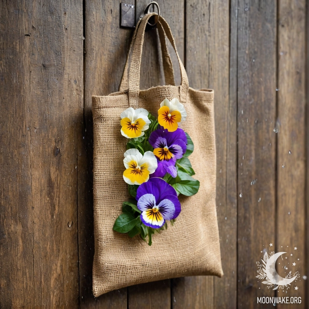 A burlap bag containing pansies hangs on a shabby wooden wall, with rain falling around it.