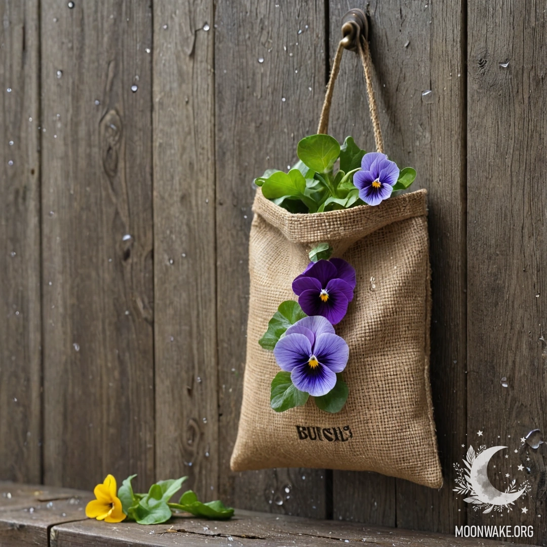 A small burlap bag hangs on a shabby wooden wall filled with pansies under the rain.