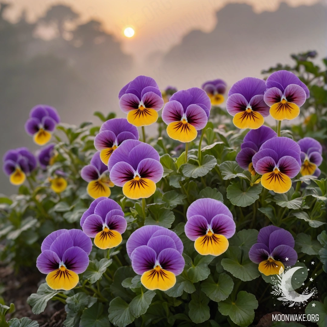 Beautiful pansies in a misty landscape during sunset.