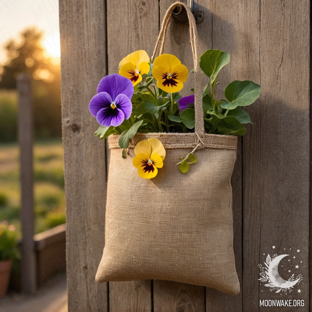 A small burlap bag filled with pansies hangs on a shabby wooden wall at sunset.