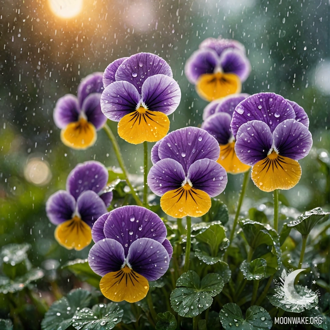Pansies Under Rain at Sunset A watercolor painting of pansies in green color, drenched by rain during sunset, with a touch of glitter.