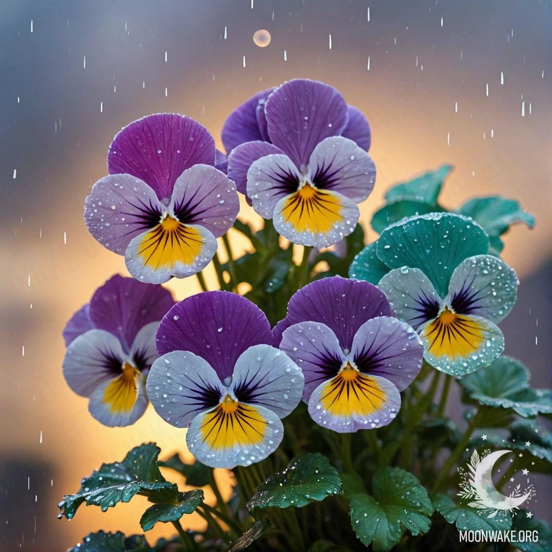 Beautiful pansies with mint color under rain at sunset, sparkling with glitter.