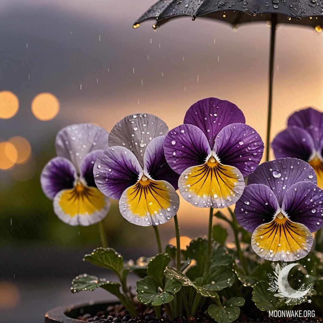 A serene scene of pansies adorned with raindrops under a sunset sky.