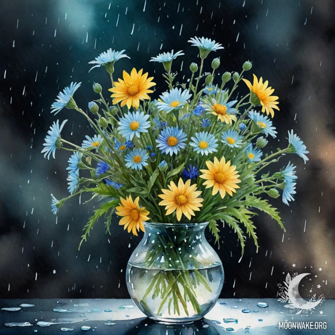 A minimalistic image of pansies in the rain, against a pastel sunset background.