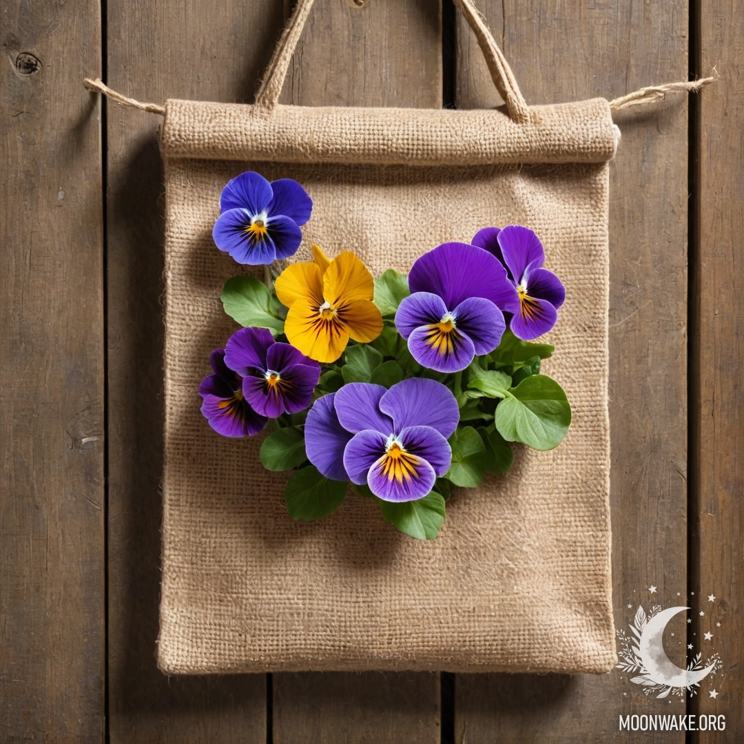 Pansy Blooms in a Rustic Bag A small burlap bag holds pansies, hanging on a shabby wooden wall.