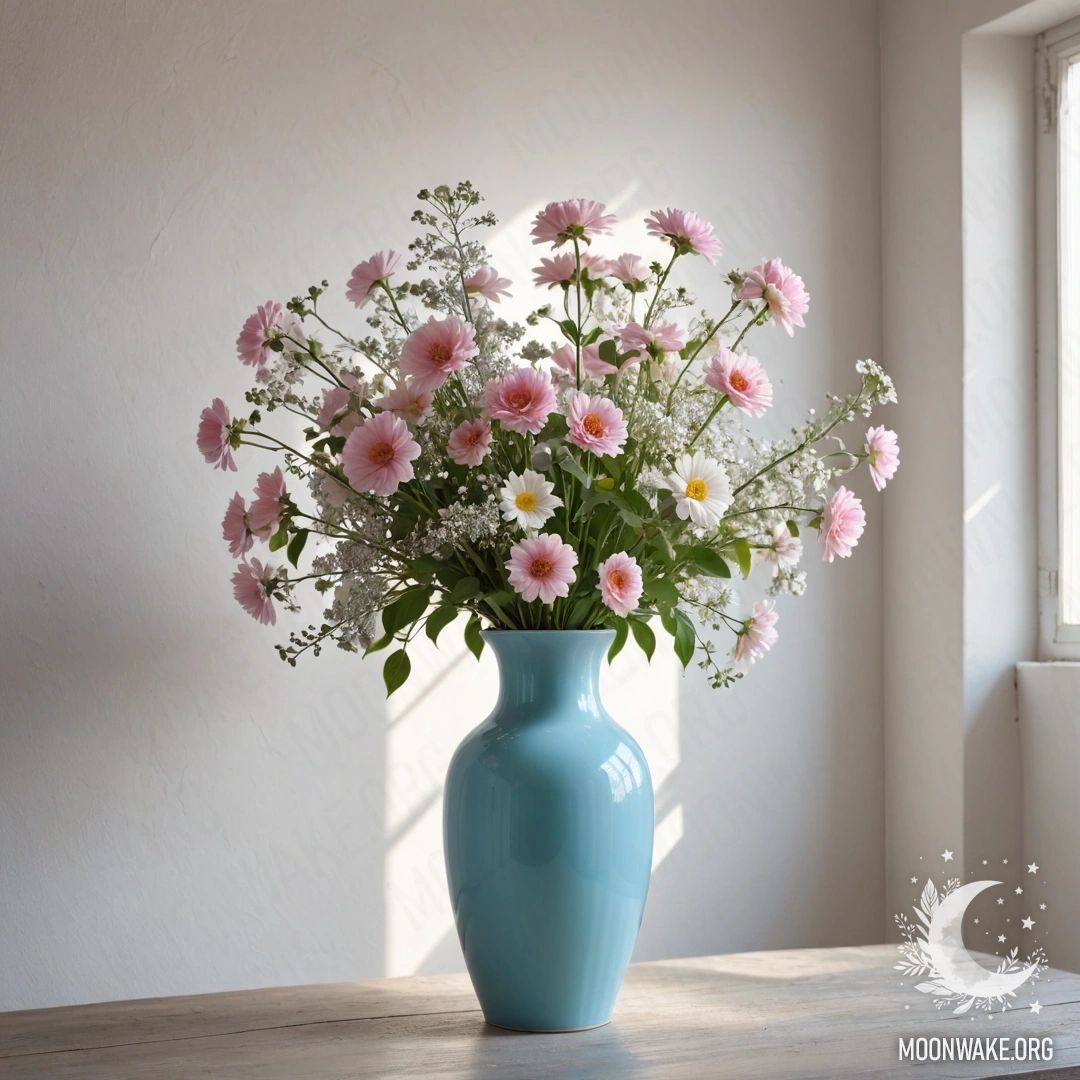A shabby pastel blue vase filled with white and pink flowers against a worn white wall, illuminated by sun rays.