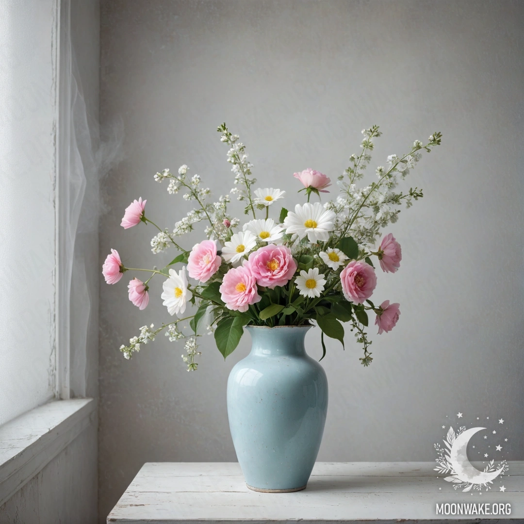 A shabby metal pastel blue vase filled with white and pink flowers against a white wall shrouded in dense fog.