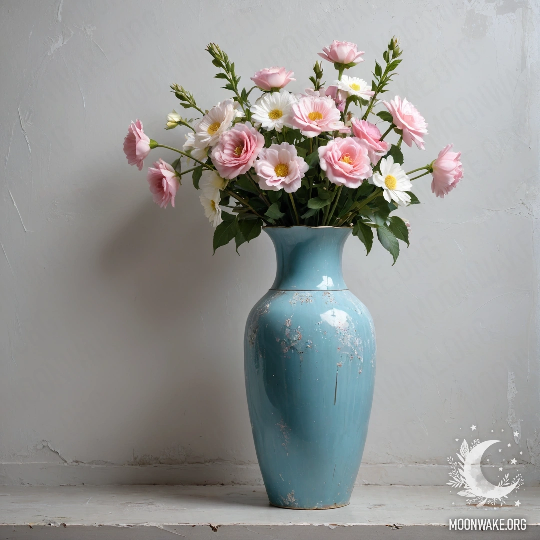 A shabby pastel blue vase filled with white and pink flowers against a shabby white wall at night.