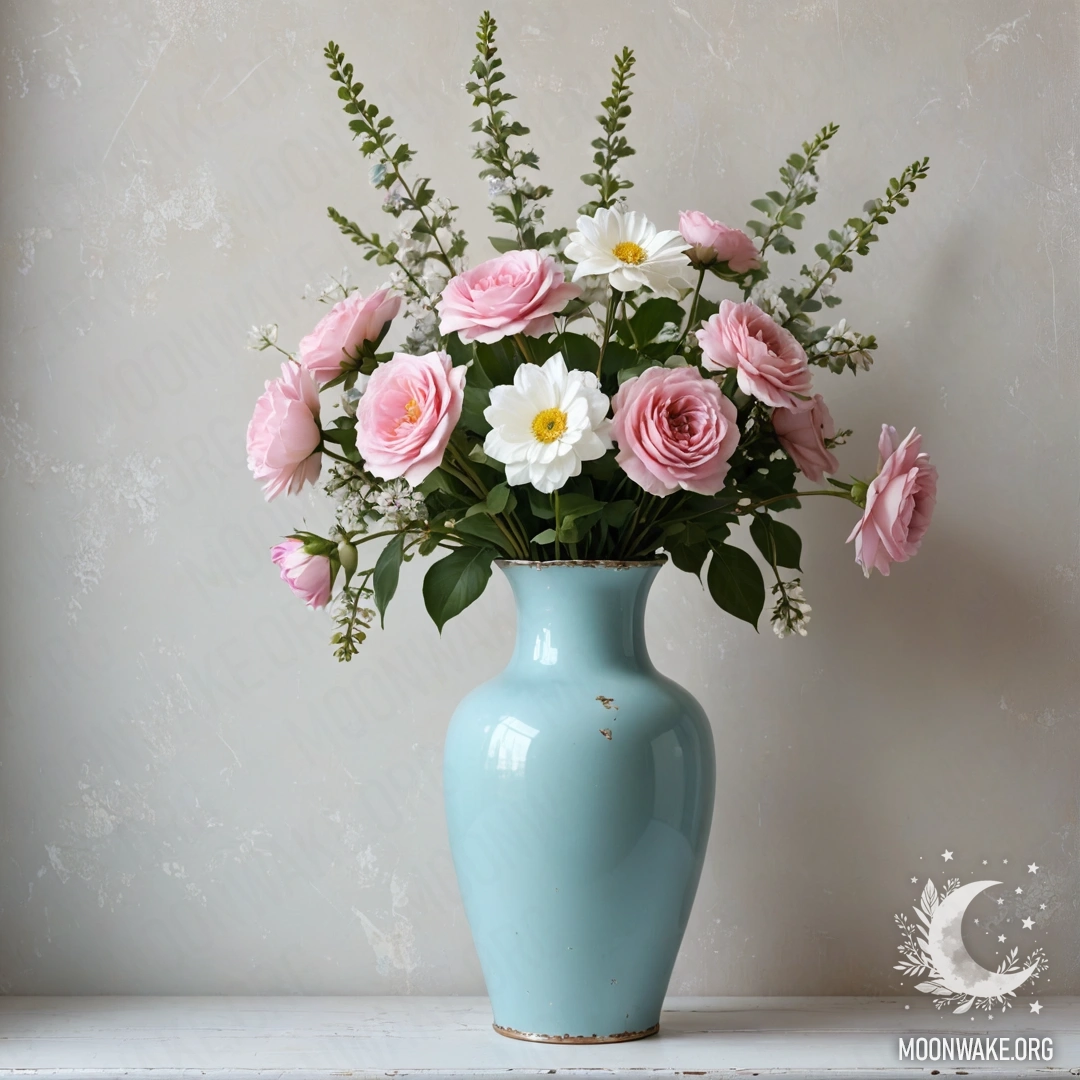 Pastel Blue Vase with Flowers A pastel blue vase with white and pink flowers against a shabby white wall.