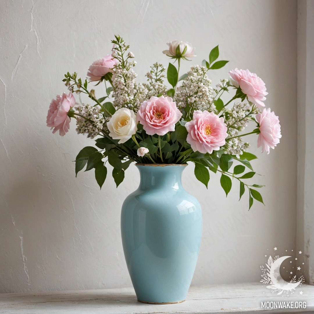 Pastel Blue Vase with Flowers A shabby pastel blue vase filled with white and pink flowers, placed against a weathered white wall adorned with garland lights.