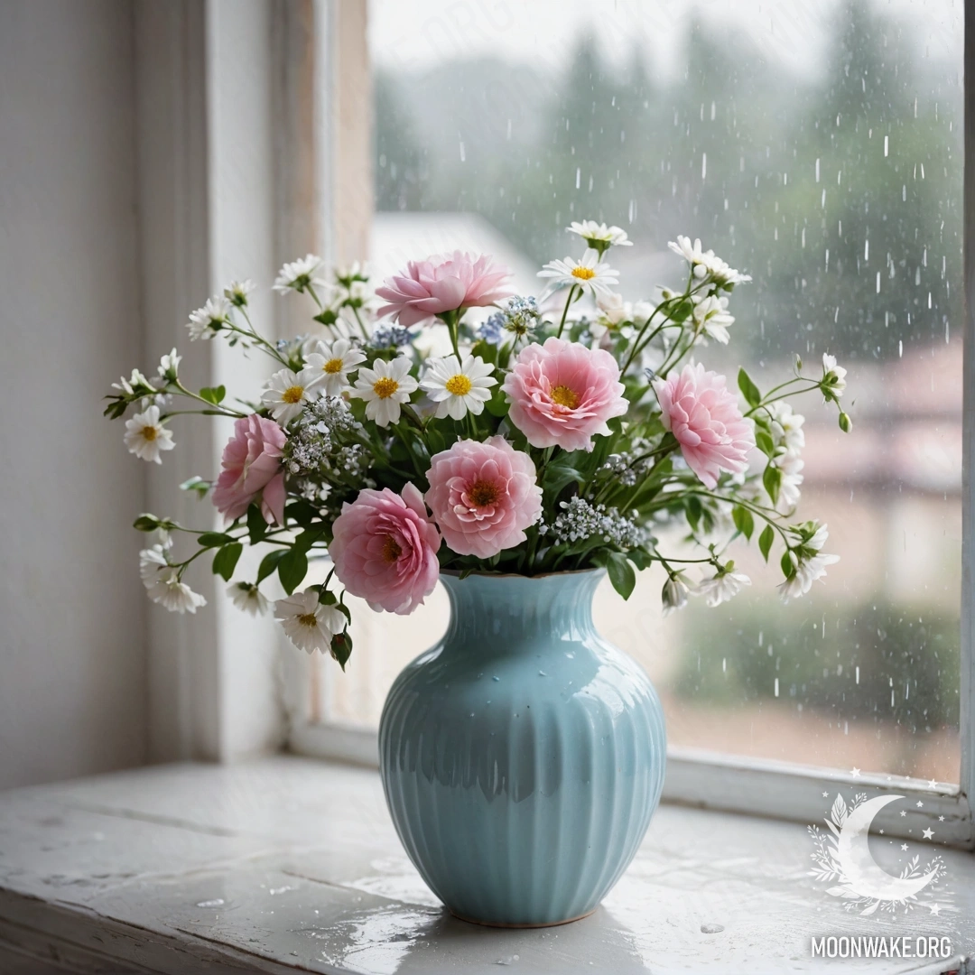 A shabby pastel blue vase with white and pink flowers against a white wall, with rain droplets on the background.