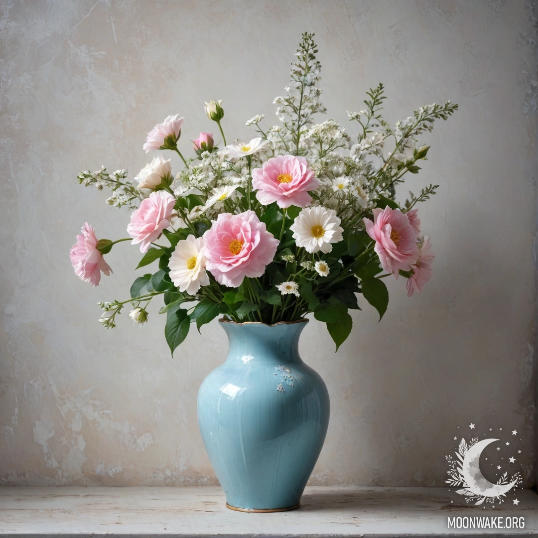 A shabby pastel blue vase filled with white and pink flowers, set against a weathered white wall during nighttime.