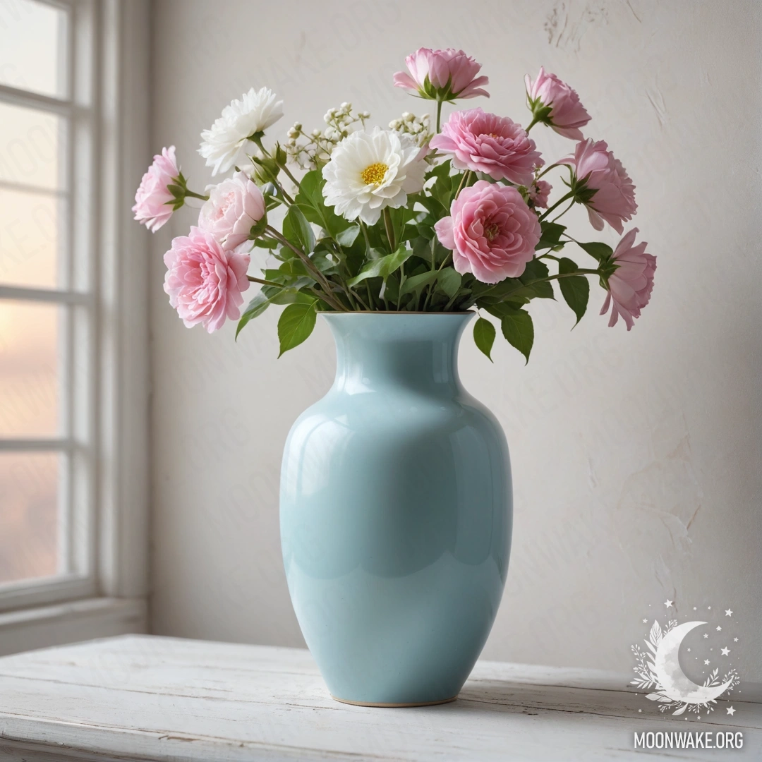A shabby pastel blue vase filled with white and pink flowers against a shabby white wall during sunset.