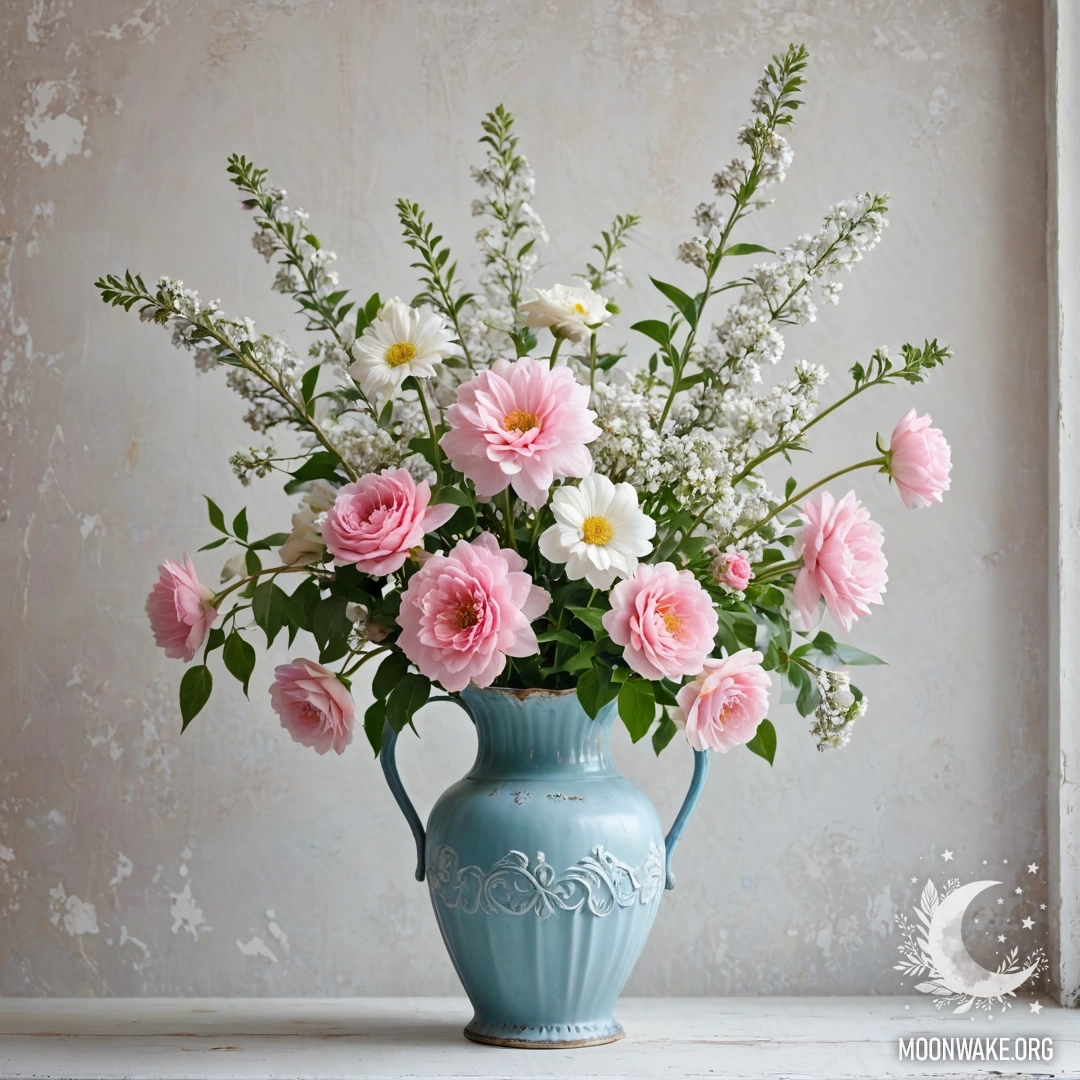 A shabby metal pastel blue vase filled with white and pink flowers, placed against a distressed white wall, captured beautifully in a photograph.