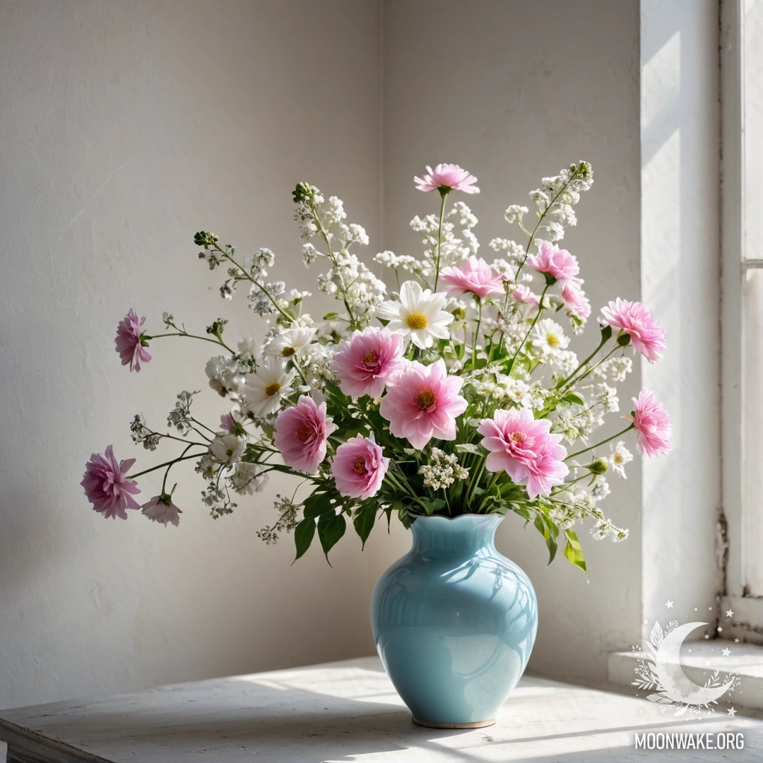 A shabby metal pastel blue vase holding white and pink flowers against a worn white wall illuminated by soft sun rays.