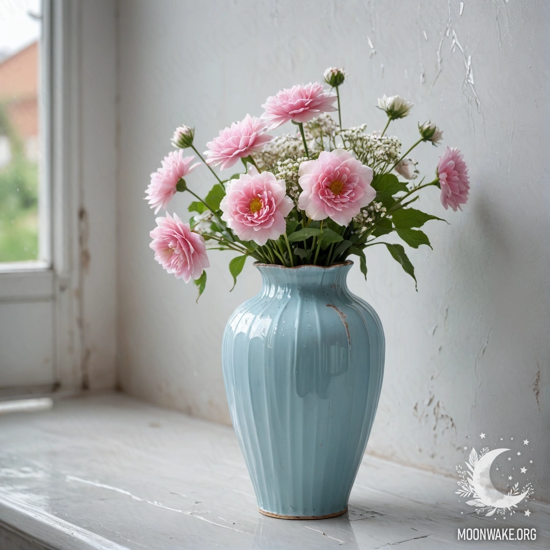 Pastel Blue Vase with Flowers A shabby blue vase with white and pink flowers against a white wall in the rain.