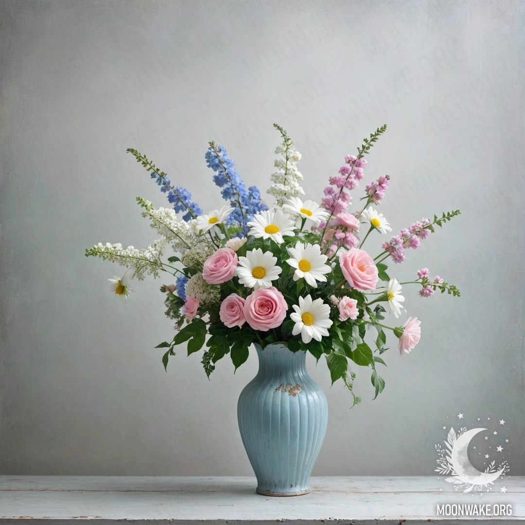 A shabby metal pastel blue vase filled with white and pink flowers against a white wall, surrounded by dense fog.