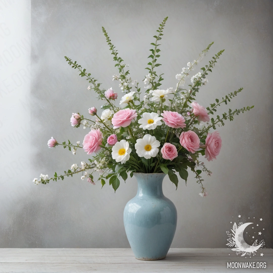 A shabby pastel blue vase filled with white and pink flowers against a distressed white wall, surrounded by dense fog.