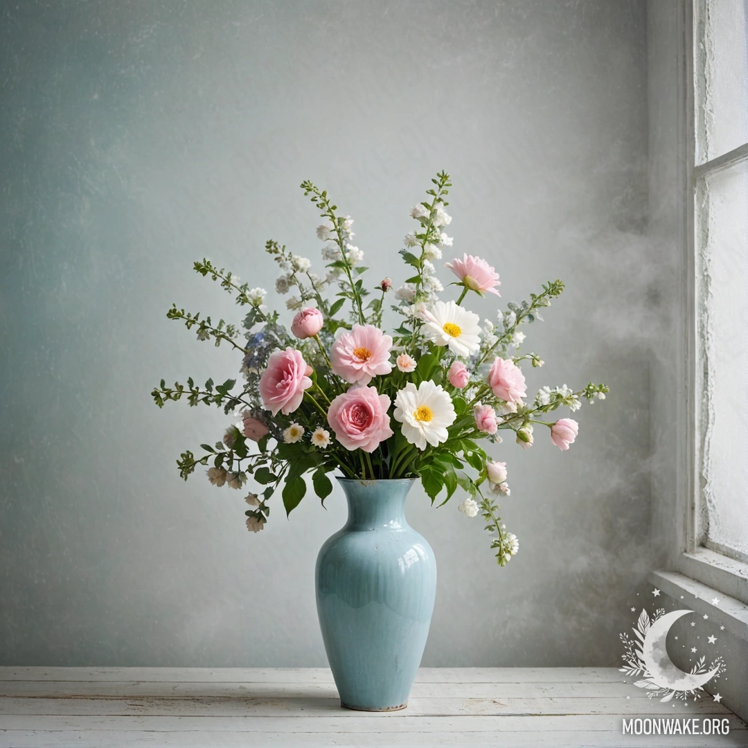 A shabby pastel blue vase holding white and pink flowers against a textured white wall, enveloped in dense fog.