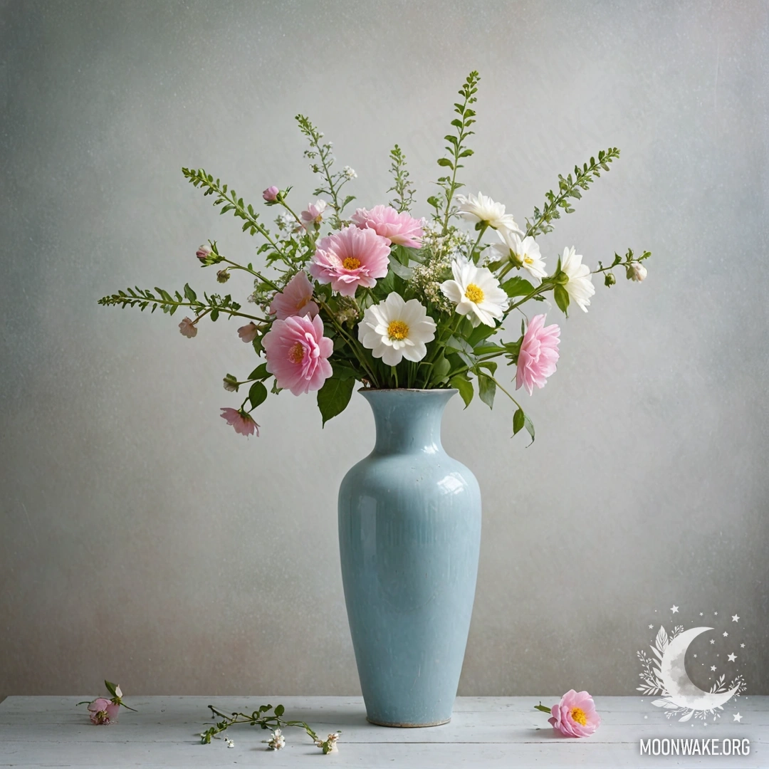 A shabby pastel blue vase with white and pink flowers against a worn white wall enveloped in dense fog.