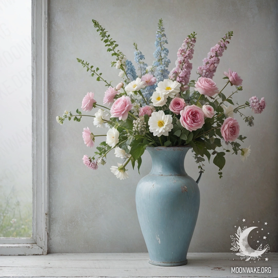 Pastel Blue Vase with Flowers in Fog A shabby pastel blue vase filled with white and pink flowers against a white wall shrouded in dense fog.