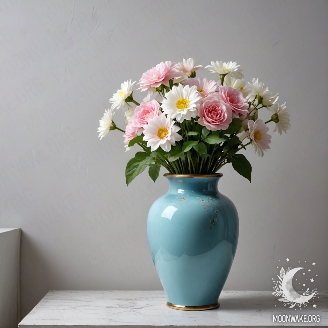 A shabby pastel blue vase filled with white and pink flowers against a shabby white wall at night.
