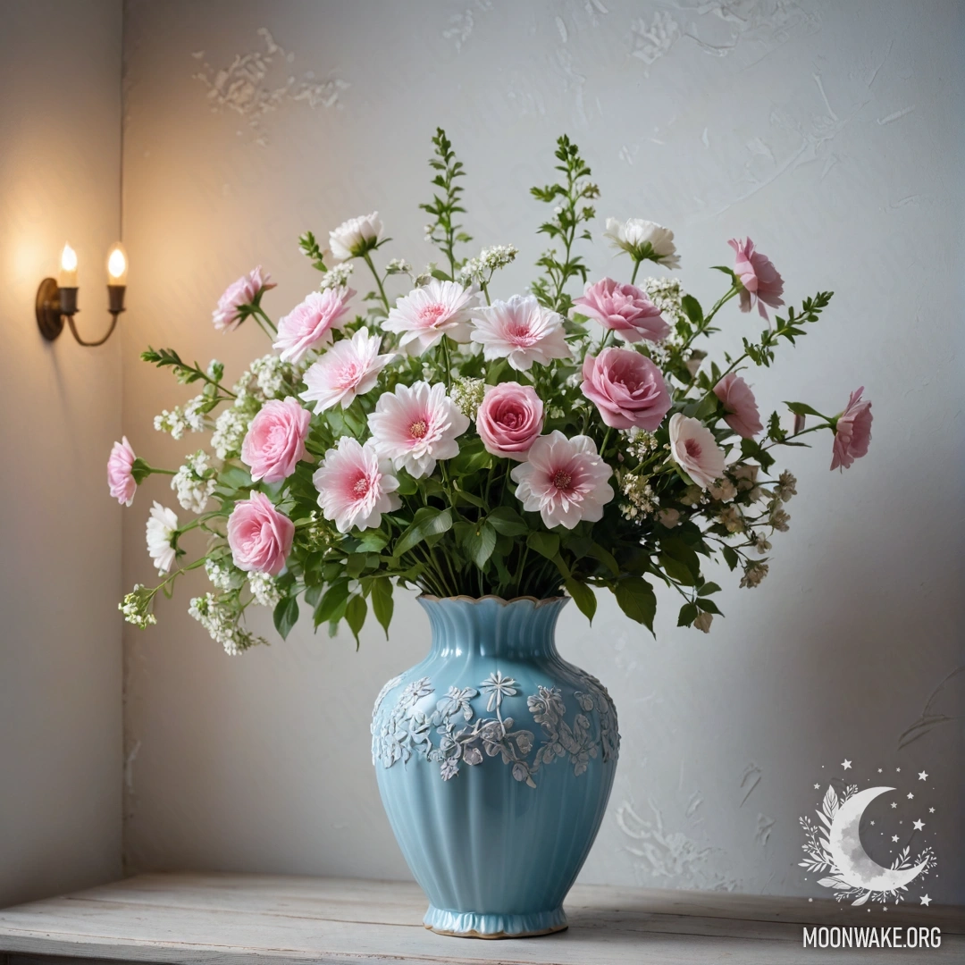 A shabby pastel blue metal vase filled with white and pink flowers against a shabby white wall, illuminated softly at night.