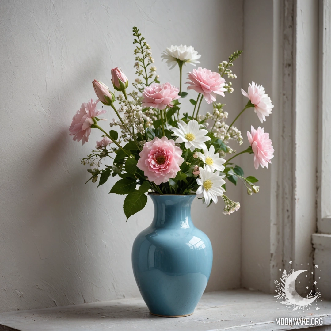A shabby metal pastel blue vase holds white and pink flowers against a shabby white wall at night.